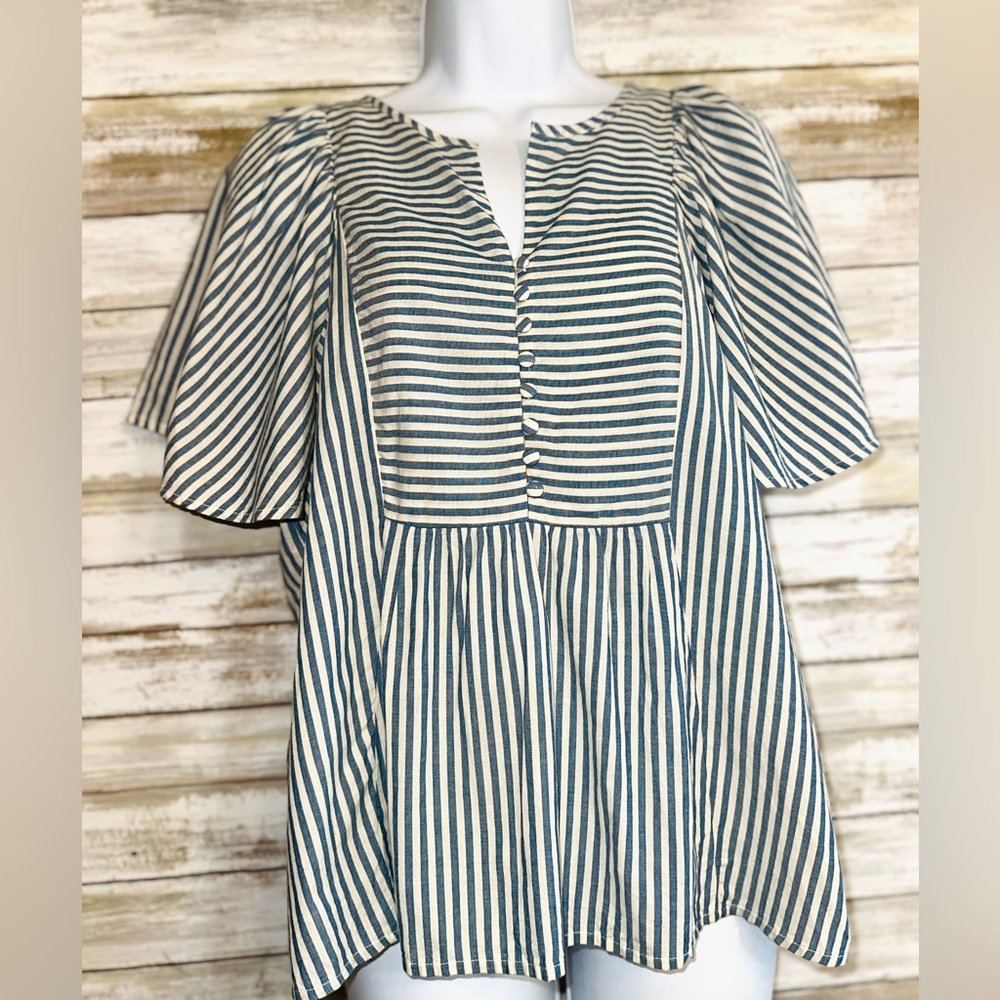 Women’s MADEWELL Monarch Blue & White Striped Flutter-Sleeve Top. Small. VGUC.